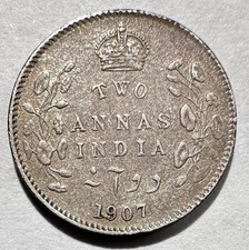 1907 British India 2 Annas, Silver XF