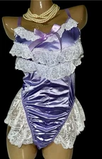 NEW Glossy 2nd Skin Satin Teddy Bodysuit Frilly Lacy Sissy Ruffles PLUS 3XL 3X