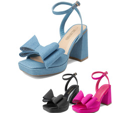 Women Fashion Bowknots Ankle Strap Sqaure Toe High Chunky Heel Sandals