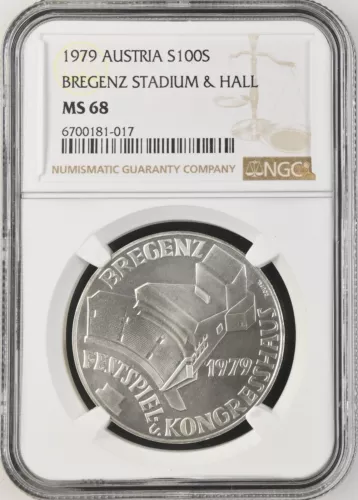 1979 AUSTRIA Silver 100 Schilling Bregenz Stadium & Hall -  NGC MS 68
