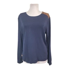 Ralph Lauren Women's XL Knit Blouse Navy Blue Faux Suede Elbow Pads Long Sleeves