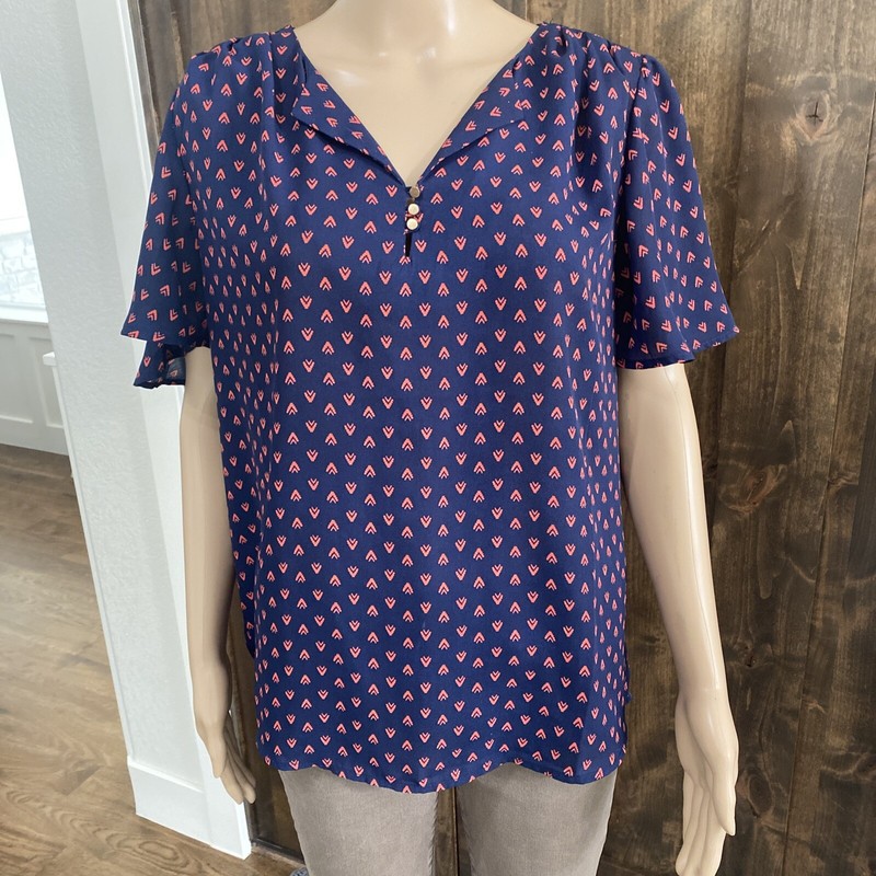 NO FRILLS Los Angeles Women's Navy Printed Short Sleeve Blouse Size L  - 021