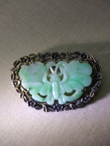 Antique Chinese pin brooch Carved Jade Moth Moss-on-snow Jadeite&Silver 12g