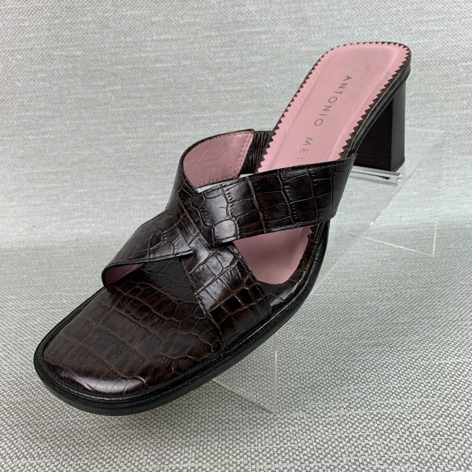 APL Sandali Antonio Melani slide pelle marrone stampa coccodrillo punta aperta tacco a blocco 8 5M