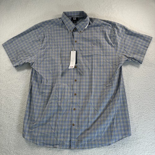 NWT Cutter & Buck Shirt Mens 1XB Big Blue Yellow Plaid Short Sleeve Button Down