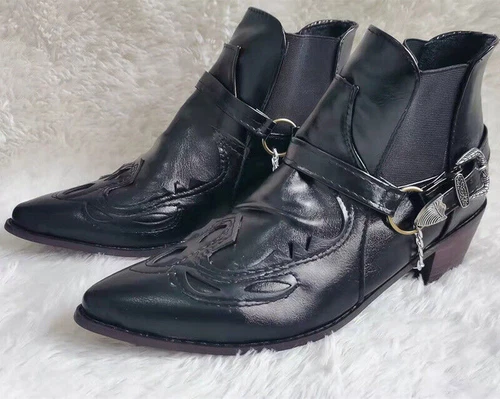 Herren Stiefeletten dicke Ferse spitze Schnalle Stiefel Cowboy Schuh - Bild 7 von 18