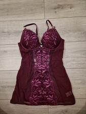 Ann Summers Sheer Burgundy Embroidered Sequin Padded Cami Suspender Size 14 D/DD