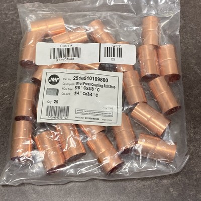 25-PACK! JMF 3/4-in x 3/4-in Cup Solder Copper Coupling W/ Stop Coupling Fitting