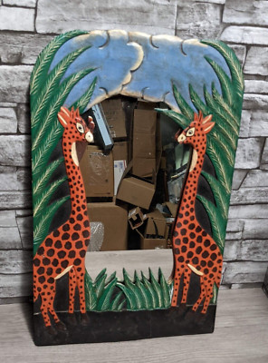 18.5'' Carved Wood Giraffe Wall Mirror Figurine Wild Animal Safari Jungle Decor