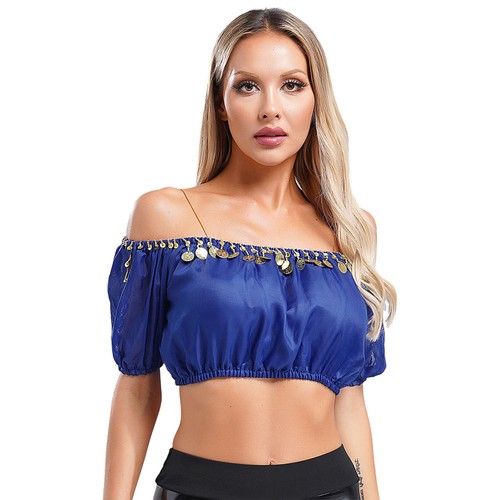 Mujeres Danza del Vientre Mangas Abullonadas Prendas para el torso Dobladillo Elástico Top Corto Baile Blusa Camisa - Imagen 67 de 108