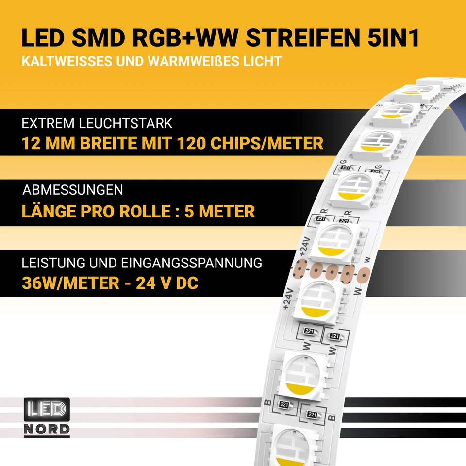 LED Band SMD 120LEDs/m Strip 5050 RGB+WW WarmWeiß 24v 36Watt/m dimmbar Streifen - Bild 3 von 4
