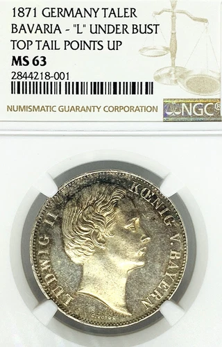 German States Bavaria 1871 Taler Coin Thaler NGC MS 63 Dav 613 F.STG MULE RARE