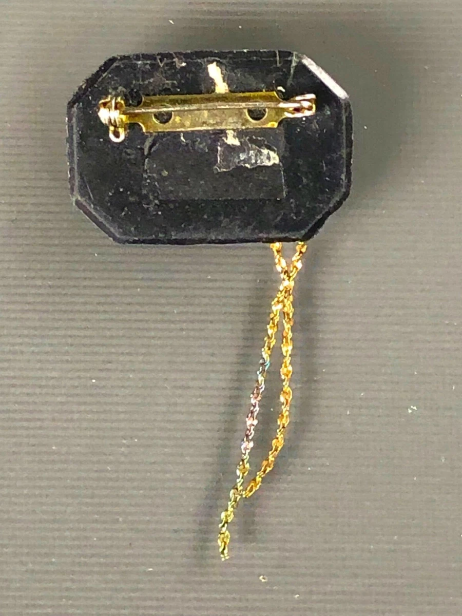 Brosche/Anstecker mit blauem Stein & goldener Kette - schwarz, 37x25 mm, Fimo