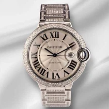 Cartier Ballon Bleu 42mm Iced 10ct Diamonds Steel Mens Watch Roman Auto 3765