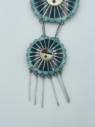 Vintage Zuni Native American Sterling Silver Turquoise Sunface Pin Necklace - Picture 2 of 7