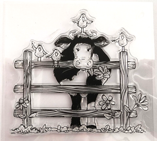 Cow Behind Fence Whimsical Birds Flowers Farm Clear Stamp Sheet 3 5/8" x 3.25" - Picture 1 of 1