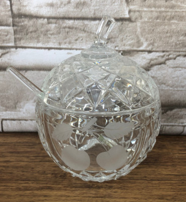 Vintage Crystal Cut Glass Sugar Bowl, Apple Shape w/Spoon