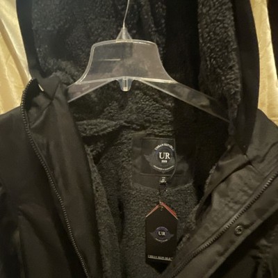 Urban Republic Men's Black Parka Jacket Hooded Logo Zipper Button Accents Solid