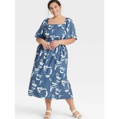 A New Day Tie Dye Print Blue Square Neck Short Flutter Sleeves Midi Dress Sz XXL