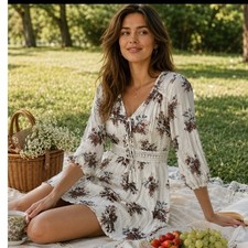 American Rag Cie Floral Lace Up Mini Dress Ivory Boho Crochet Trim XS