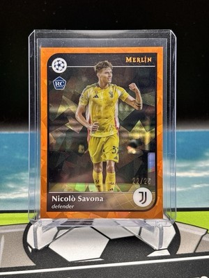 2025 TOPPS UCL Merlin Chrome Soccer Orange /25 Nicola Savona Rookie Juventus RC