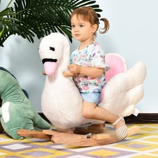 Plush Rocking Swan Ride On Toy Kids Toddler Wooden Rocker White Pink Soft Seat