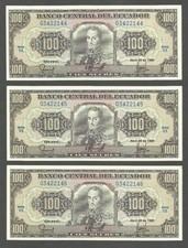 Ecuador 100 Sucres 20.4.1990; EF; P-123; BNB-B1844h; TDLR; Lot of 3 consecutives