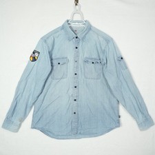 Nautica Mens Light Wash Denim Button Down Shirt Coast Cup Patch Blue Large