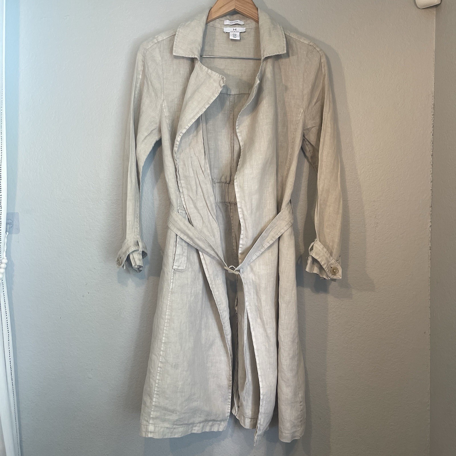 Halston 100% Linen Medium Oatmeal Open Cardigan Jacket Pockets Belt Lightweight