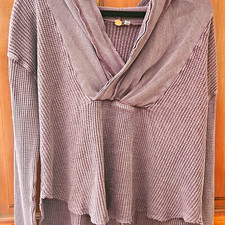 FP One Purple Waffle Knit Hooded Pullover Hoodie L Relaxed Fit V-Neck