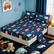 4 Pieces Blue Transportation,Car Twin Set,Car Twin Bed Sheets Set for Teens B...