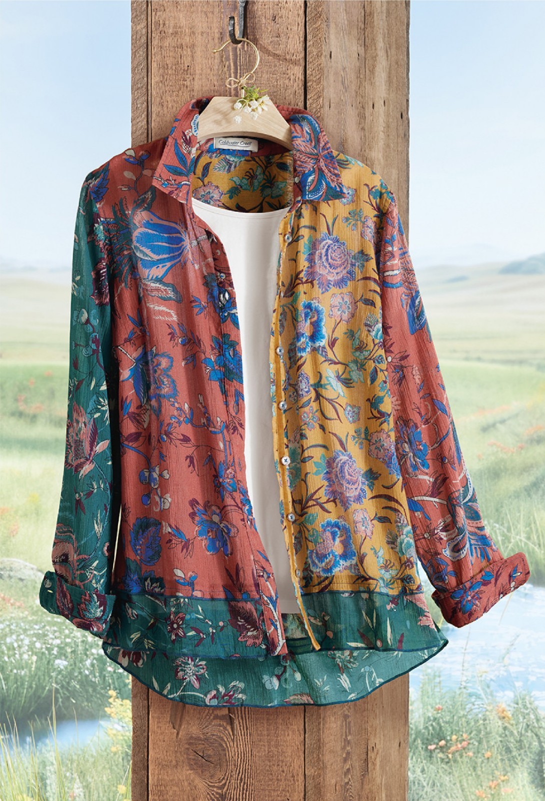 Coldwater Creek Botanical Spirit Shirt Color Canyon Rose Multi or Ranch Blue Mul