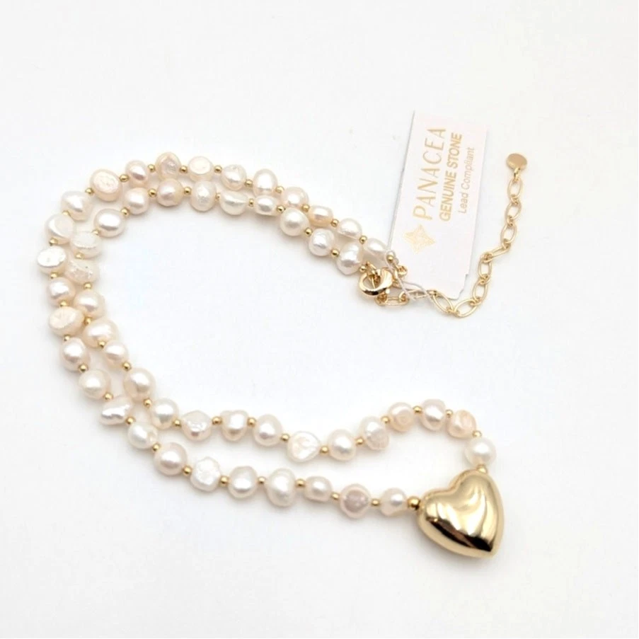 Collar colgante Panacea para mujer con perlas de agua dulce en forma de corazón blanco/dorado Foto 3 de 4
