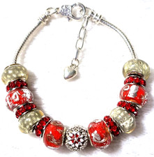 7.9" Flower Red Slider Charm ~ Spacers Murano Lampwork Glass Beads Bracelet