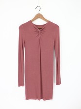 ENZA COSTA Silk Rib L/S Frint Knot Keyhole Mini Dress Woodrose M 2 215 E1