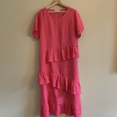 Selected Italy Women s Linen Midi Dress  Pink Short Sleeve Frills Size L- XL