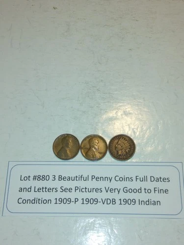Lot #880 3 Beautiful Wheats 1909-P 1909-VDB 1909 Indian VG-F-VF See Pictures