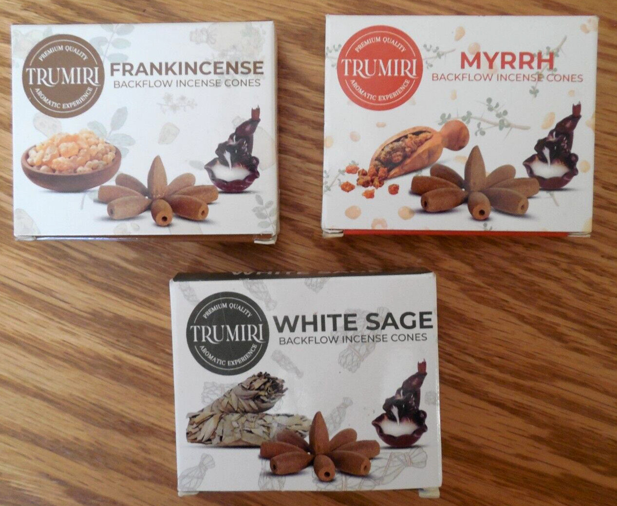 NEW  Lot of 3 TRUMIRI 10 Count Backflow Incense Cones: Frankincense*Myrrh*Sage