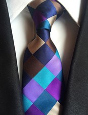 New Classic Checks Purple Blue Brown JACQUARD WOVEN 100 Silk Men's Tie Necktie