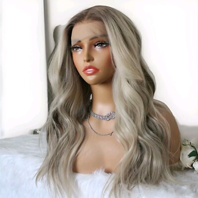 Brown Blonde Ombre Wig HD Front Lace Human Hair Blend Highlights  Wavy Curly