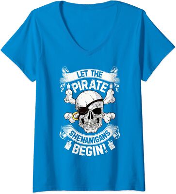 Let The Pirate Shenanigans Begin Jolly Roger Pirate Ladies' V-Neck Tshirt