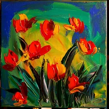 RED TULIPS   IMPRESSIONIST  ORIGINAL OIL  PAINTING -ABSTRACT ART UPIUWD