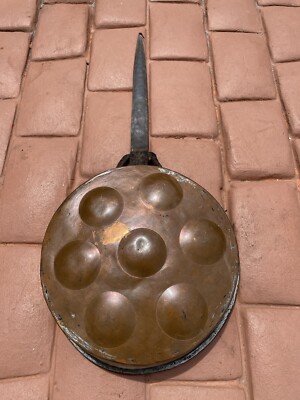 Antique Hand Wrought Long Handle Scandinavian Copper & Tin Wash Aebleskiver Pan