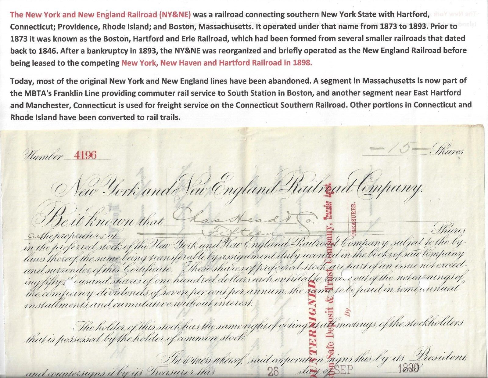 Stock Certificate for New York & New England RR 1890 Boston MA Transitioned into NY NH & H Railroad Co
