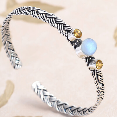 Regenbogen Mondstein & Citrin Schliff Edelstein 925 Sterling Silber hübscher ...