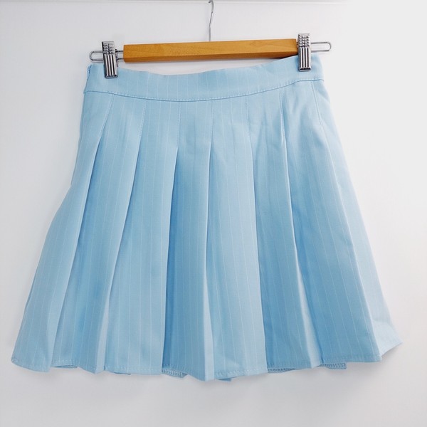Mini Skirt Womens Size M Blue Striped A-Line Casual Pleated Short Cheeky Zip
