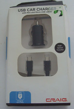 NIB Craig USB Car Charger with Mini & Micro USB Cables - Black