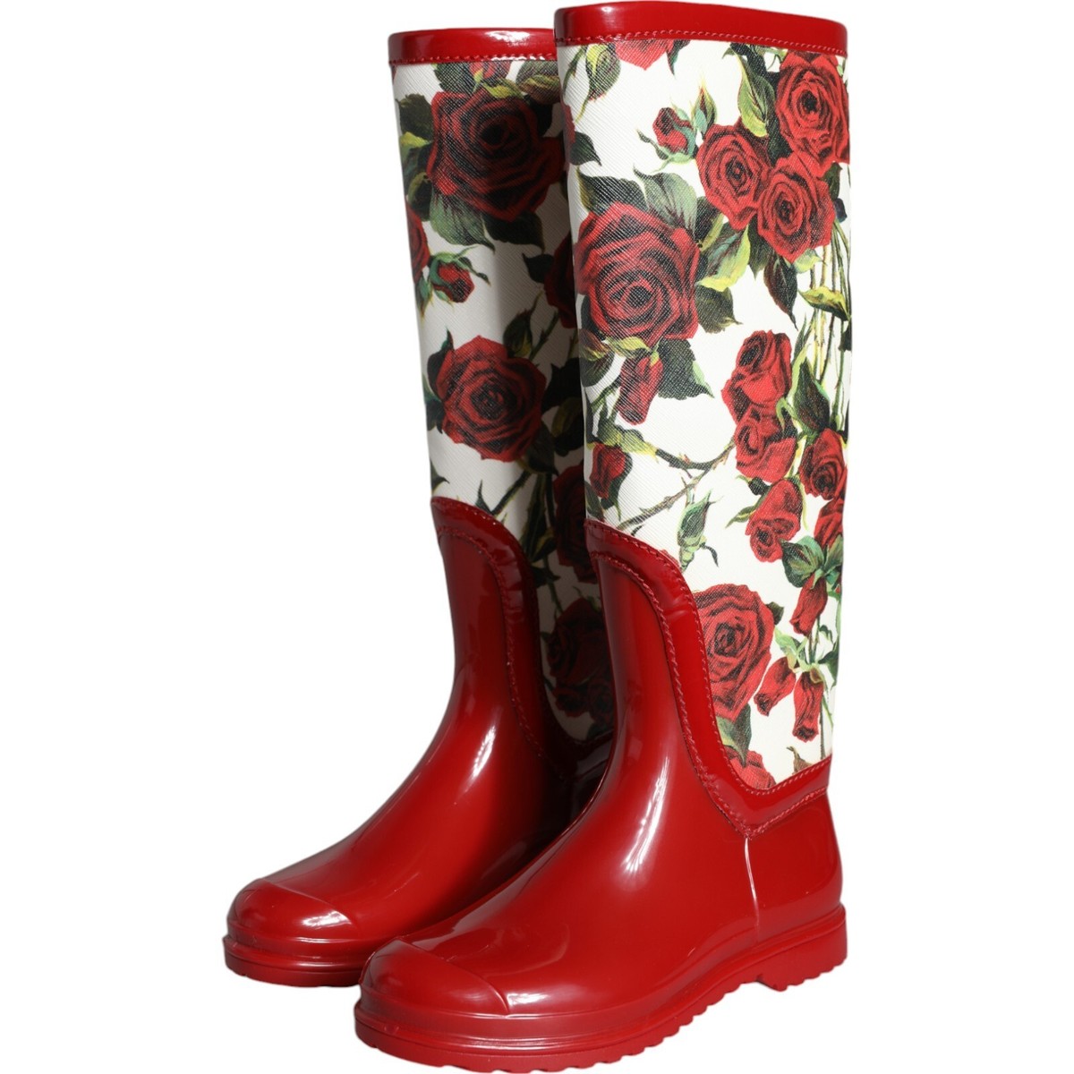 DOLCE & GABBANA Shoes Red Floral Rubber Knee High Flat Boots EU36