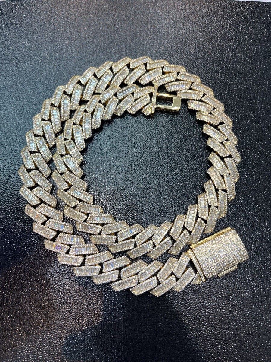 Men's Baguette Iced Cuban Link Chain Necklace Icy Choker 19mm Two Tone  Silver Cz