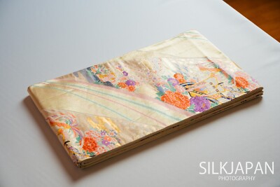 Real Pure Gold Thread Christmas Silk Obi Japanese Kimono Vintage Brocade Flower 